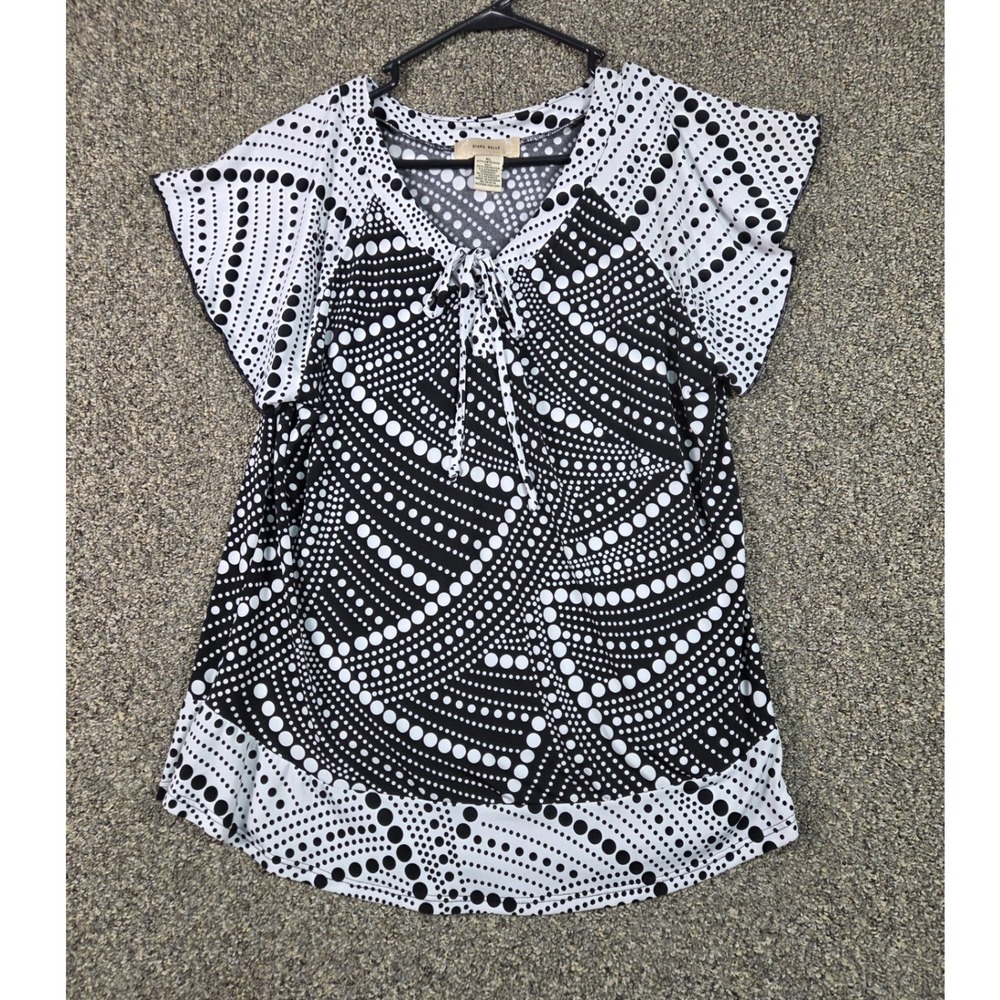 Diana Belle Short Sleeve Top Women XL Black‎ White Polka Dot Tie Neck 10722D